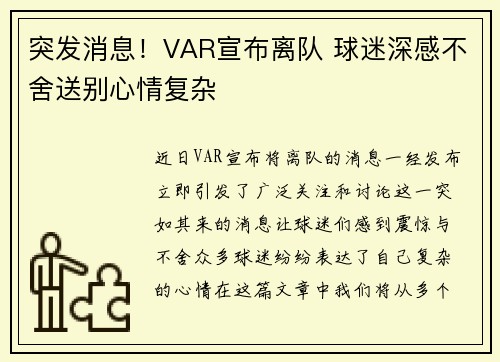 突发消息！VAR宣布离队 球迷深感不舍送别心情复杂