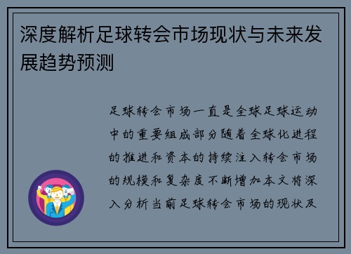 深度解析足球转会市场现状与未来发展趋势预测