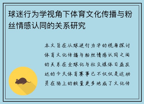 球迷行为学视角下体育文化传播与粉丝情感认同的关系研究