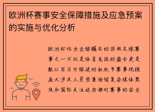欧洲杯赛事安全保障措施及应急预案的实施与优化分析